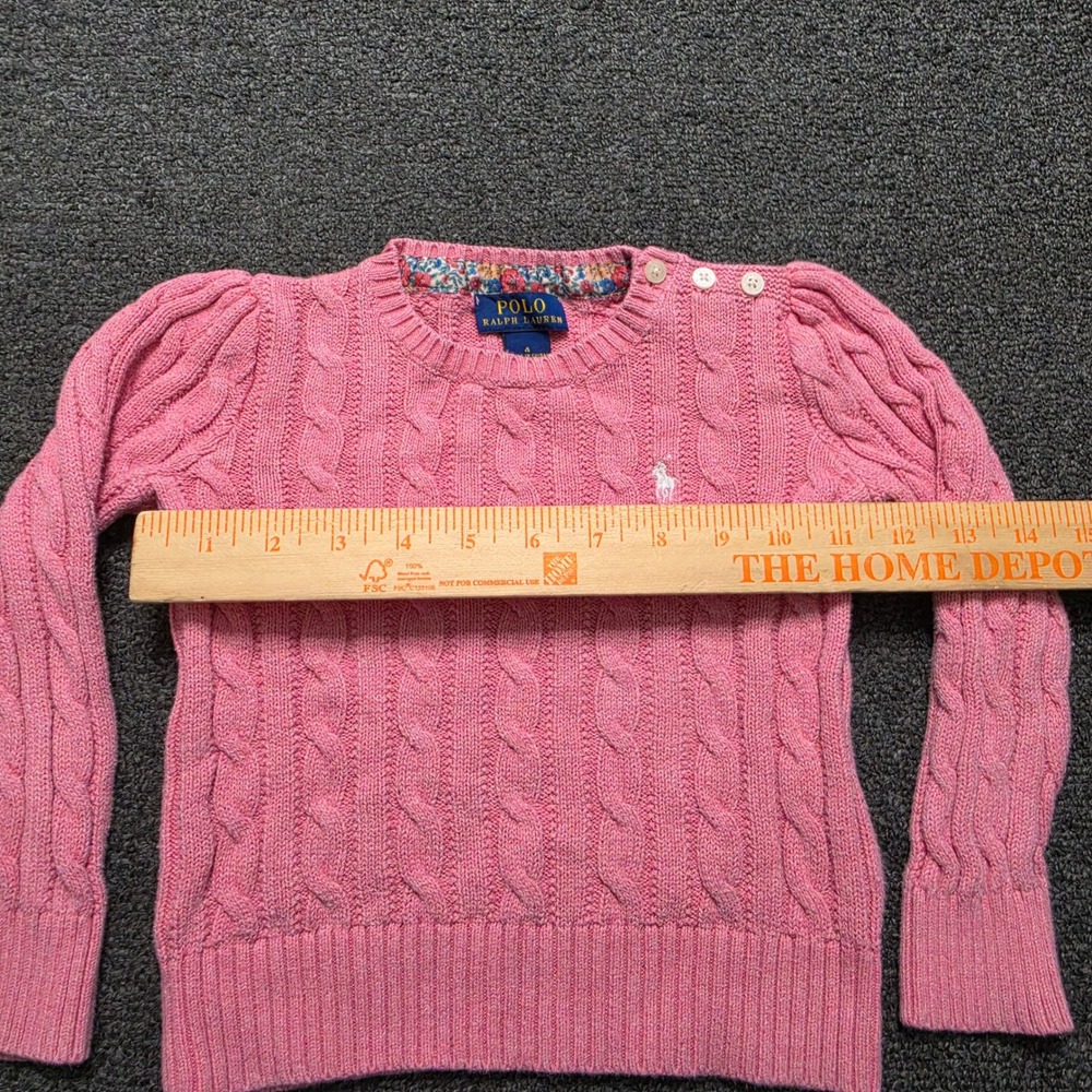 Polo Ralph Lauren Cable Knit Sweater Pink Girls 4 Puff Sleeve Button Shoulder - Picture 4 of 6